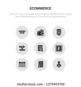 9 round vector icons such as seller, shopping list, stock, swiss franc, tax contains trade, waiting list, wallet, withdrawal. seller, shopping list, icon3_, gray ecommerce icons