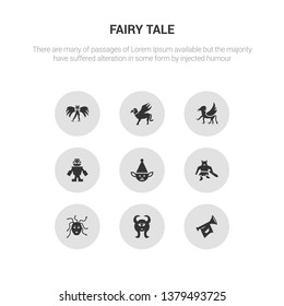 9 round vector icons such as fanfare, faun, female medusa, giant, goblin contains golem, griffin, gryphon, harpy. fanfare, faun, icon3_, gray fairy tale icons