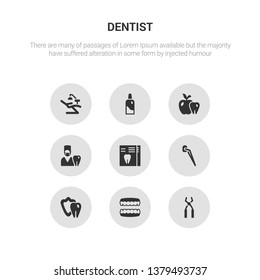 9 round vector icons such as dental probe, dental prosthesis, dental protection, veneer, x ray contains dentist, dentist apple, dentist bottle with liquid, chair. probe, prosthesis, icon3_, gray