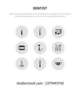 9 round vector icons such as dentist mask, dentist mirror, dentist scissors, tools, dentists drill tool contains denture, ekg monitor, electric toothbrush, empty syringe. mask, mirror, icon3_, gray