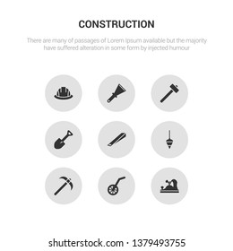 9 round vector icons such as jack plane, measuring wheel, pick axe, plumb bob, wedge tool contains spade tool, sledge hammer, scratcher tool, safety helmet. jack plane, measuring wheel, icon3_, gray