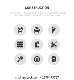 9 round vector icons such as welding, stopping, angle grinder, screwdrivers, vise contains paver, hex key, air compressor, barrier. welding, stopping, icon3_, gray construction icons