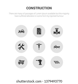 9 round vector icons such as tiles, blowtorch, dumper, scraper, jackhammer contains spanner, gas pipe, construction plan, loader. tiles, blowtorch, icon3_, gray construction icons