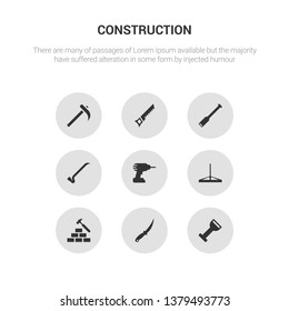9 round vector icons such as bolster, boning rod, brick hammer, bump cutter, cordless drill contains crowbar, digging bar, hand saw, hoe. bolster, boning rod, icon3_, gray construction icons svg