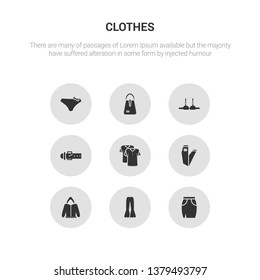 9 round vector icons such as skirt, trousers, hoodie, jeans, polo shirt contains belt, bra, hand bag, panties. skirt, trousers, icon3_, gray clothes icons
