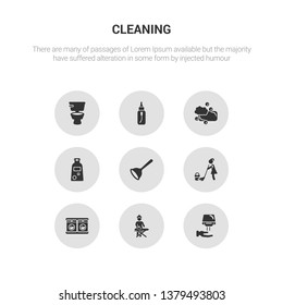 9 round vector icons such as hand dryer, ironing, laundry, mop, plunger contains shampoo, soap, spray, toilet. hand dryer, ironing, icon3_, gray cleaning icons