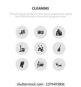 9 round vector icons such as carpet cleaning, bathtub cleaning, bin, broom, bubbles contains cleaning, detergent, dishes, garbage. carpet bathtub icon3_, gray icons