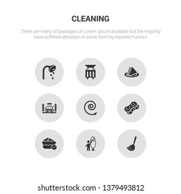 9 round vector icons such as floor mop, glass cleaning, water soak, sponges, garden hose contains car wash, serviette, dumpster, shower head. floor mop, glass cleaning, icon3_, gray cleaning icons