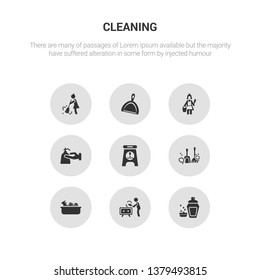 9 round vector icons such as dish soap, dusting, cleaning tools, dust, wet floor contains hand soap, charwoman, dust pan, sweep. dish soap, dusting, icon3_, gray cleaning icons
