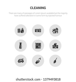 9 round vector icons such as duster, hand wash, garbage truck, cleaning house, cleaning window contains cleaning spray, clean, clothes softener. duster, hand wash, icon3_, gray icons