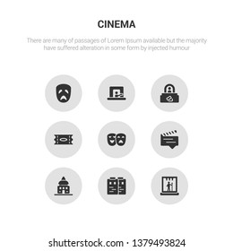 9 round vector icons such as stage, storyboard, studio, subtitle, theatre contains ticket, ticket office, ticket window, tragedy. stage, storyboard, icon3_, gray cinema icons