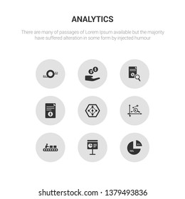 9 round vector icons such as polygonal chart, presentation, production, profit analysis, radar chart contains report, research, revenue, round value chart. polygonal presentation, icon3_, gray