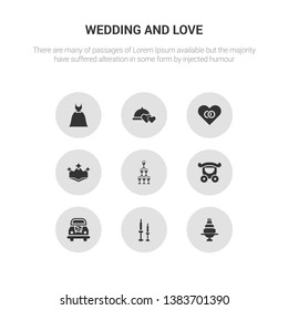 9 round vector icons such as wedding cake, wedding candle, wedding car, carriage, champagne contains crown, day, dinner, dress. cake, candle.