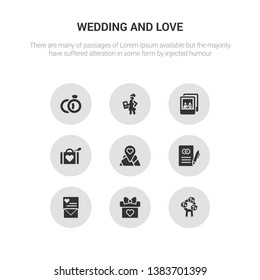 9 round vector icons such as wedding flowers, wedding gift, wedding invitation, letter, location contains luggage, photo, planner, rings. flowers.