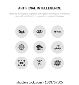 9 round vector icons such as artificial intelligence, wireless charging, augmented reality, autonomous car, big data contains biometrics, bionic arm, bionic contact lens, bionic eye. artificial