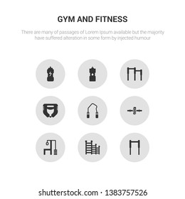 9 round vector icons such as gym bars, gym ladder, gym station, gymnastic roller, hand grip contains headgear, horizontal bar, hydratation, isotonic. bars, ladder