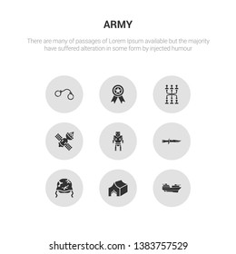 9 round vector icons such as militar ship, militar tent, military helmet, military knife, military robot machine contains satellites, strategy, militaty medal, pair of handcuffs.