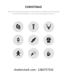 9 round vector icons such as cocoa, confetti, cookie, costume, cracker contains cuckoo clock, deer, deer costume, easter egg. cocoa, confetti.