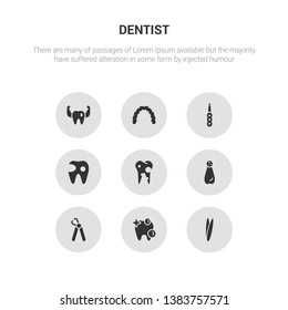 9 round vector icons such as tweezers, white teeth, wisdom tooth, apicoectomy, bicuspid contains cavity, intraoral, lingual braces, prophylaxis. tweezers, white teeth.