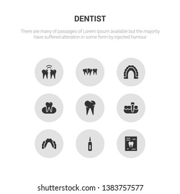 9 round vector icons such as radiograph, sealants, partial denture, overdenture, oral contains occlusal, maxilla, malocclusion, interproximal. radiograph, sealants.