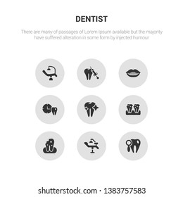 9 round vector icons such as check up, clinic, damaged tooth, decay, dental contains dental appointment, dental brackets, care, chair. check up, clinic.