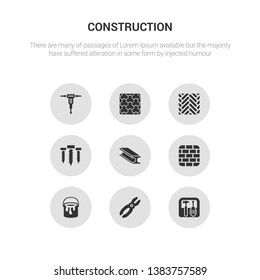 9 round vector icons such as toolbox, plier, paint bucket, brick wall, beam contains screws, parquet, paving, hydraulic breaker. toolbox.