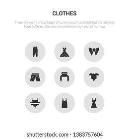 9 round vector icons such as chemise, camisole, bra & knicker, baby grow, ushanka contains swim shorts, butterfly tie, vintage dress, baby clothes. chemise, camisole.