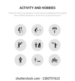 9 round vector icons such as motorcycle riding, mushrooming, newspaper readign, origami, pachinko contains paintball, parachuting, petanque, photography. motorcycle riding, mushrooming.