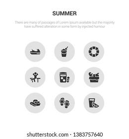 9 round vector icons such as lime juice, pair of flip flops, pamela hat, pinic basket, refreshing cold drink contains relax, rubber ring, sand bucket and shovel, sea scooter. lime juice.