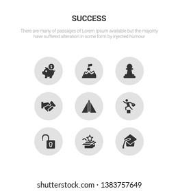 9 round vector icons such as mortarboard, new product, open padlock, overcome, paper plane contains partnership, pawn, peak, piggybank. mortarboard.