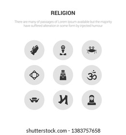 9 round vector icons such as muslim, nihilism, noah ark, om, orthodox contains paganism, pastafarianism, pope, pray. muslim, nihilism,  gray religion icons