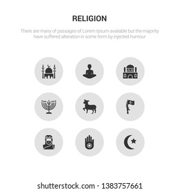 9 round vector icons such as islam, jainism, jesus, jihad, lamb contains menorah, monastery, monk, mosque. islam, jainism.