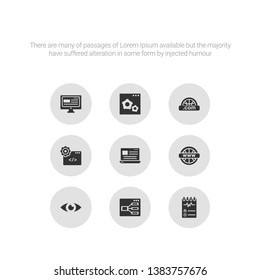 9 round vector icons such as testing, ux de, visibility, web, web de contains web development, domain, optimization, page. testing, gray seo icons