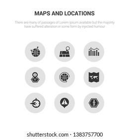9 round vector icons such as walking, warning, west, world map folded, worldwide contains you are here, demographics, geolocation, geoanalytics. walking, warning.