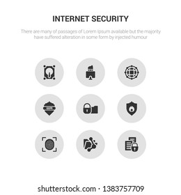 9 round vector icons such as file security, file sharing, fingerprint scan, firewall, folder security contains gdpr shield, global network, hacker, hard disc. file security, sharing.