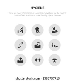 9 round vector icons such as virus, wc, wipes, shaving gel, soap bar contains ablution, baby wipe, beardy, body odour. virus, wc.