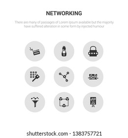 9 round vector icons such as network certificate, network cubes, network funnel, monitoring, optimization contains passkey, password, pendrive security, phishing. certificate, cubes.