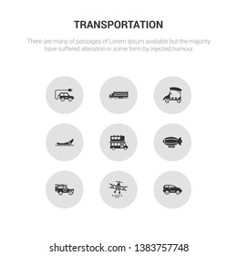 9 round vector icons such as compact car, crop duster, cruiser, dirigible, double decker bus contains dugout canoe, eco-friendly transport, eighteen-wheeler, electric car. compact car, crop duster.