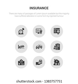 9 round vector icons such as locked padlock insurance, luggage insurance, medical insurance, moving overturned car contains parking crash, payment protection, problem electric, puncture in a wheel.