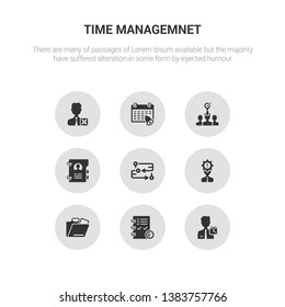 9 round vector icons such as person, planning, portfolio, problems, process contains profiles, recruitment, reminder, remove user. person, planning, time management icons.