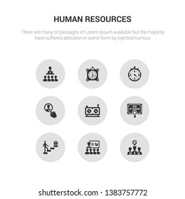 9 round vector icons such as candidate, onboarding, career, certification, chess clock contains choice, chronometer, clock, coaching. candidate, onboarding, human resources icons.