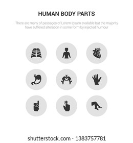 9 round vector icons such as foot side view, hand finger with a ribbon, hand gesture raising the index finger, hand showing palm, hip bone contains human abdomen, human artery, human body standing