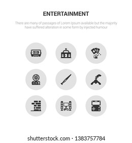 9 round vector icons such as handheld game, home theater, jenga, joystick, contains lottery game, magic cards, mall, music tape. handheld game, home theater.