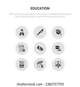 9 round vector icons such as distance teacher, e learning, ebook, education, eraser contains exam, scholarship, fountain pen, game-based learning. distance teacher, e learning.