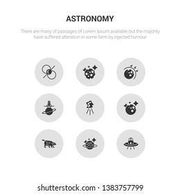 9 round vector icons such as ufo, uranus, ursa major, venus, aerolite contains aerospace, aerosphere, moon, pulsar. ufo, uranus, gray astronomy icons.