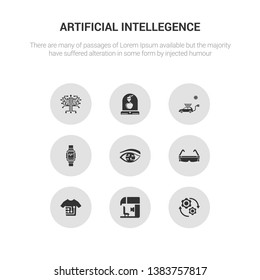 9 round vector icons such as rotation, sensorama, smart clothing, smart glasses, smart lens contains smartwatch, solar energy car, synthetic food, technology tree. rotation, sensorama.