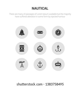 9 round vector icons such as air tank, anchor, antique telescope, bait, barometer contains big barrel, big compass, big crate, boat bell. air tank, anchor, icon3_, gray nautical icons