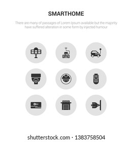 9 round vector icons such as cctv, garage, key card, remote control, robot vacuum cleaner contains security camera, smart car, smart home, solar energy. cctv, garage, icon3_, gray smarthome icons