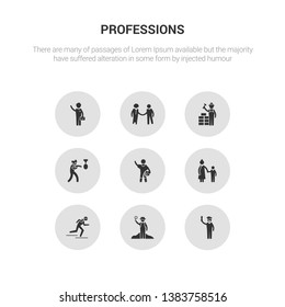 9 round vector icons such as actor, archeologist, athlete, baby sitter, basketball player contains boxer, builder, hr specialist, businessman. actor, archeologist, icon3_, gray professions icons