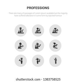 9 round vector icons such as butler, callcenter, captain, carpenter, cashier contains chef, chemist, clerk, concierge. butler, callcenter, icon3_, gray professions icons